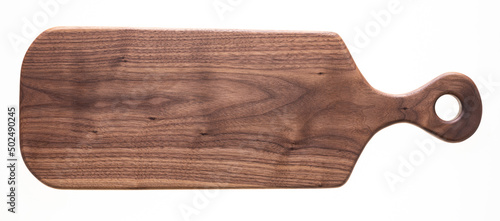 Chopping board isolated on white. Handmade long walnut wood chopping board. Long wooden pallets.