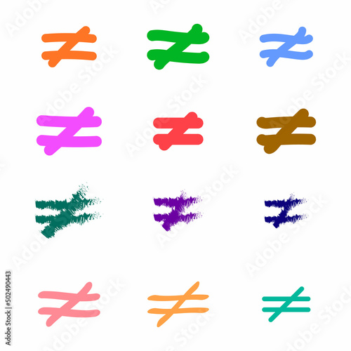 not equal sign icon collection. 12 hand drawn not equal sign. mathematics symbols isolated on white background