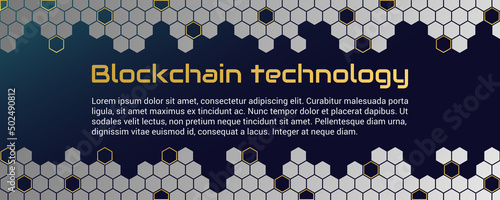 Blockchain technology concept, cryptocurrency. Working with tokens on the Internet, security. Futuristic background with elements in techno style microchips. Design banner template for web. Copyspace. (ID: 502490812)