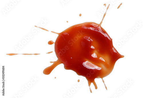 Red ketchup isolated on white background with clipping path. tomato sauce texture. from above. 