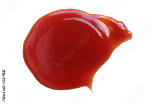 Red ketchup isolated on white background with clipping path. tomato sauce texture. from above. 