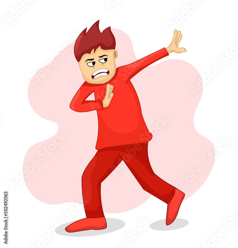 man with red shirt with dont want gesture