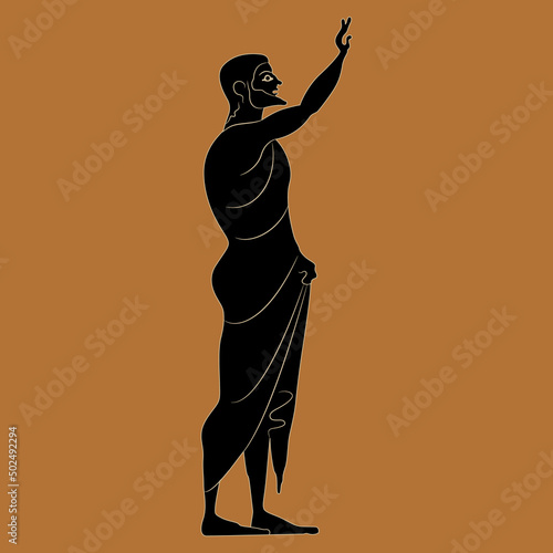 Standing ancient Greek man with raised arm. Farewell gesture. Vase painting style. Black silhouette on orange background.