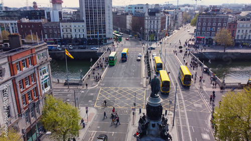 Photography O Connell Bridge in the city center of Dublin - view from above by drone