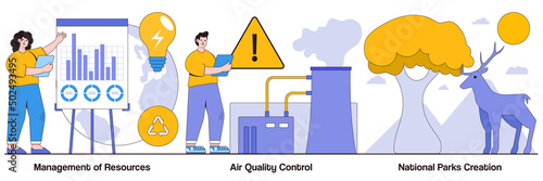 Management of Resources, Air Quality Control, National Parks Creation with People Characters Illustrations Pack