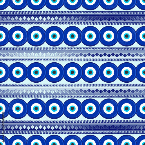 Evil eye seamless pattern. Symbol of protection in Turkey and Greece. Background with blue nazar talismans. Vector amulet