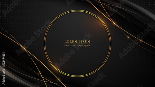 Luxury gold rings and line design with dot pattern on black background. Vector illustration