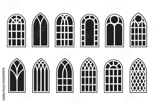 Gothic windows outline set. Silhouette of vintage stained glass church frames. Element of traditional european architecture. Vector