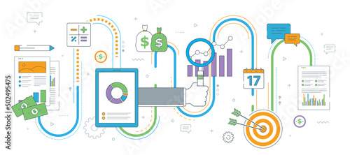Hand with magnifying glass and financial chart of growth and profits. Target icon, calculator, data analysis sheet, chat, money. Concept of investment flow and success in business. Thin line design.