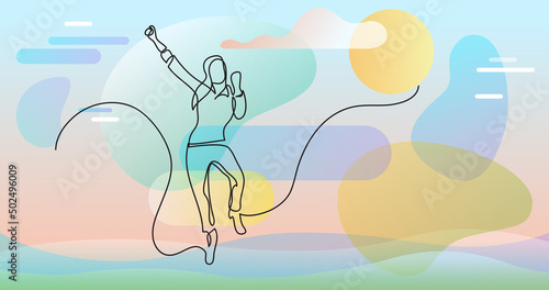 continuous line drawing of cheering jumping woman
