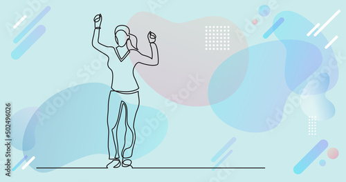 continuous line drawing of cheering woman holding fists