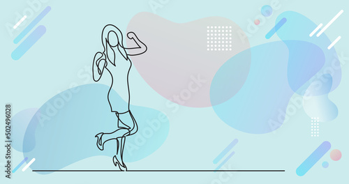 continuous line drawing of cheering woman in short dress