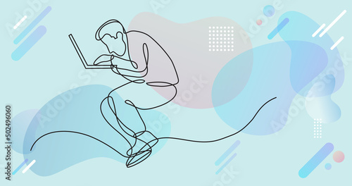continuous line drawing of focused man working on laptop computer