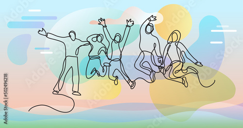 continuous line drawing of jumping team of people