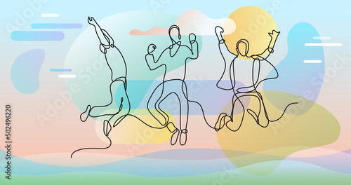continuous line drawing of jumping team of young men