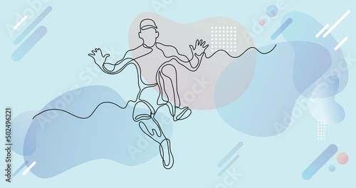 continuous line drawing of jumping waving guy