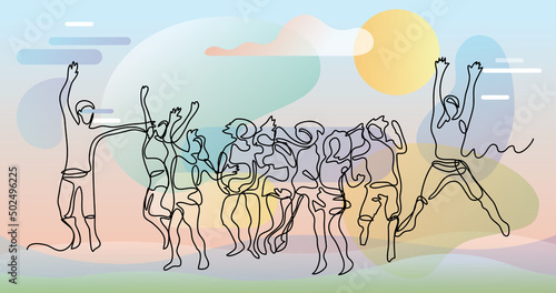 continuous line drawing of happy jumping guys