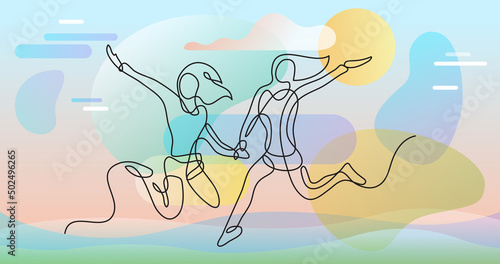 continuous line drawing of two girls jumping