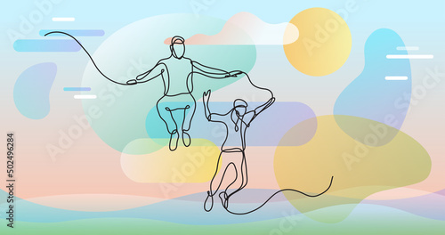continuous line drawing of two happy teenagers jumping