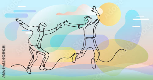 continuous line drawing of two happy teenagers jumping and having fun