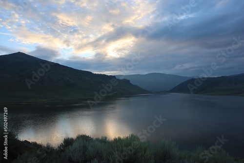 A view of the alpine lakes at Stagecoach State Park in Colorado at dawn