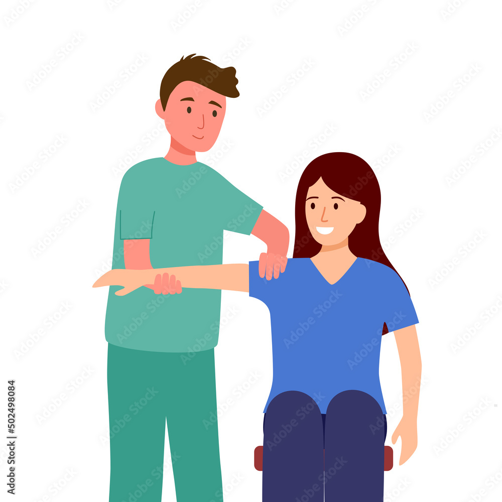 Fototapeta premium Physiotherapy or injury rehabilitation treatment concept vector illustration. Physiotherapist help female patient to do physiotherapy exercise.