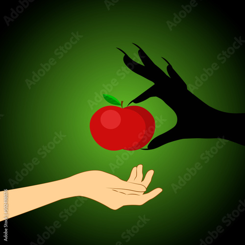 Snow White fairytale. Witchs hand gives girl an apple. Vector illustration. Poisoned apple. Good and evil concept. Long nails hand. Hand's silhouette. Red and frash apple. Deception metaphor. 