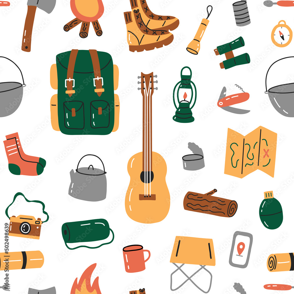 Camping seamless pattern. White background. Hand drawn flat style. Vector illustration.