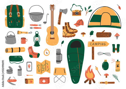 Camping icon set. Hike outdoor elements. Hand drawn flat style. Vector illustration.