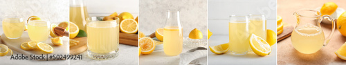 Fotografiet Set of fresh lemon juice on light background