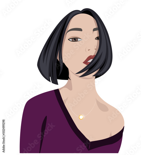 Asian girl with short black hair. Isolated vector illustration. Woman with open shoulders. Seductive, attractive woman. Short hairstyle. Red lips. Go out to nightclubs and party concept. Fashion. Bob