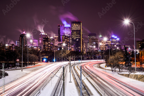 Calgary skyline with long exposure traffic on winter night
