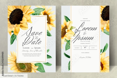 Wedding Invitation Card Set with Watercolor Sunflowers