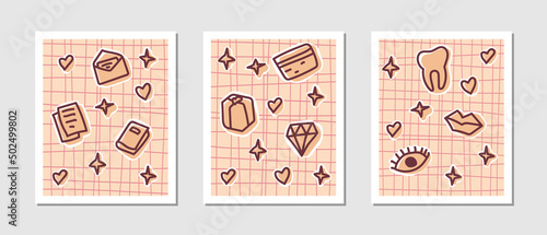 Set of cute illustrations doodle hand drawn mail, document, book, diamond, gift, tooth, lips, eye, hearts and stars on the peach color on the soft pink background