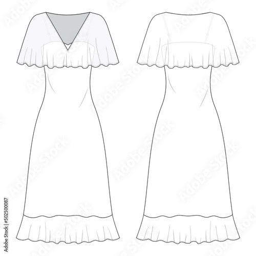 Stylish party dress fashion flat template. Fashion technical illustration.