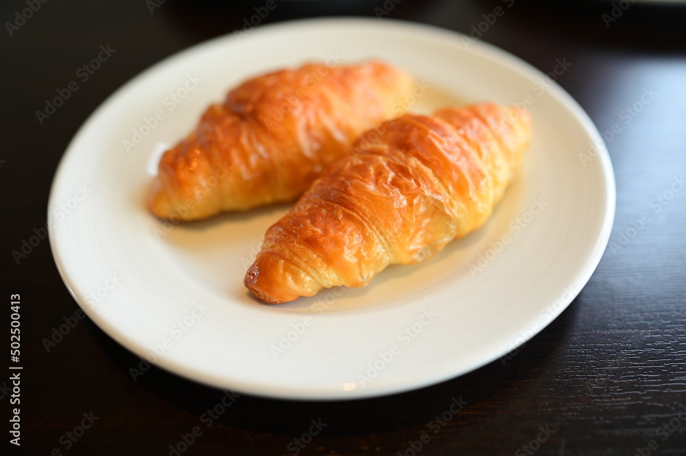 brown croissant put in white plate