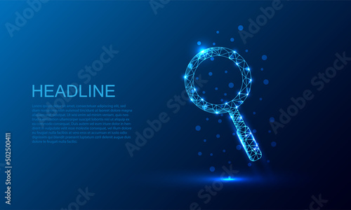 Magnifying glass or search icon.Low poly style design.Wireframe light connection structure. Modern 3d graphic. Vector illustration.