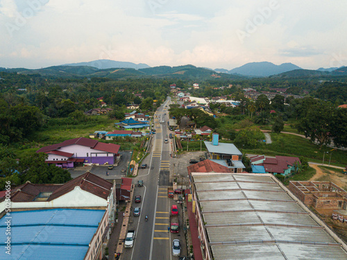 Aerial drone view of townscape and residential area in Selandar, Jasin, Melaka, Malaysia.