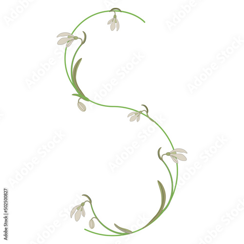 Beautiful letter S with blooming branches of snowdrop flower (Galanthus). Floral font. Artistic alphabet with spring botanical motifs. White blossom and green leaves. 