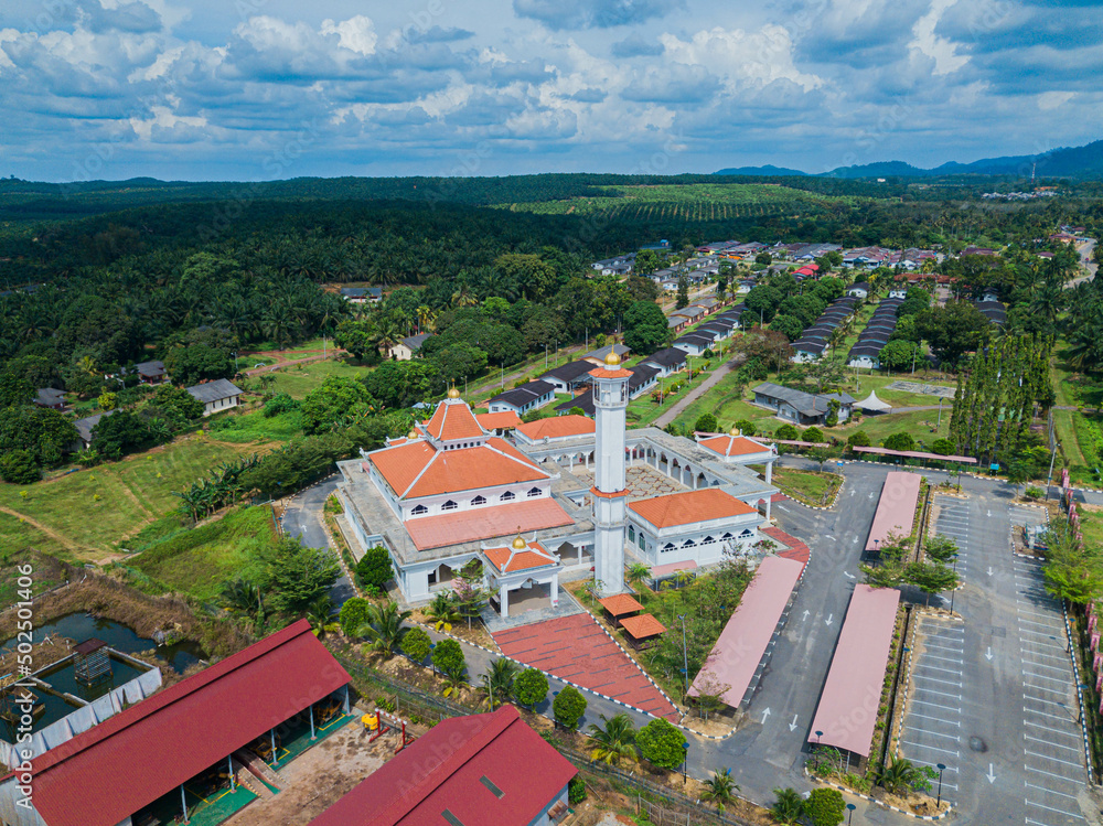 Aerial drone view of a mosque known as Tun Khalil Mosque at Asahan, Melaka, Malaysia.