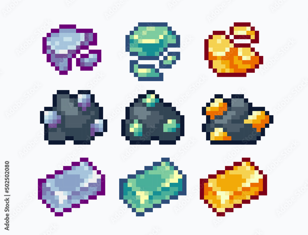 Ore deposit, nugget and bar pixel art set. Mining, crafting collection