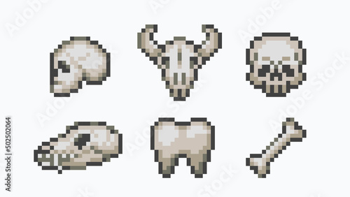 Animal and human skulls pixel art set. Different bones collection. 8 bit sprite. Game development, mobile app.  Isolated vector illustration.