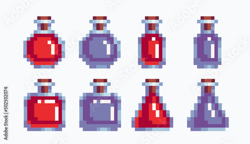 Healing potions pixel art set. Empty and full glass bottles collection. Alchemy flask. 8-bit sprite. Game development, mobile app.  Isolated vector illustration.