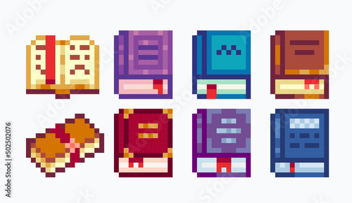 Different books pixel art set. Fantasy tome, folio collection. Open, closed textbooks. 8 bit sprite. Game development, mobile app.  Isolated vector illustration.