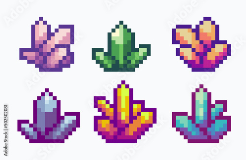 Colorful crystals pixel art set. Prism shard and gem collection. 8-bit sprite. Game development, mobile app.  Isolated vector illustration.