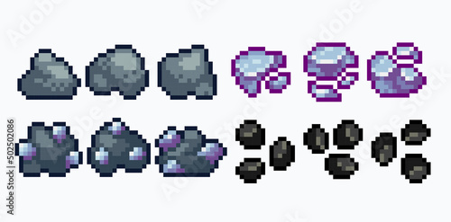 Rock and mineral deposits pixel art set. Ore nuggets and pieces collection. 8-bit sprite. Charcoal, coal, and iron. Game development, mobile app.  Isolated vector illustration.