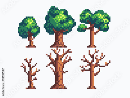 Different trees pixel art icon set. Forest flora species logo collection. 8-bit sprite. Game development, mobile app. Isolated vector illustration.