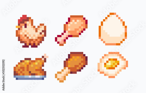 Hen produce: meat and eggs pixel art set. Cooked chicken fillet, leg, and scrambled eggs collection. 8-bit sprite. Game development, mobile app.  Isolated vector illustration.