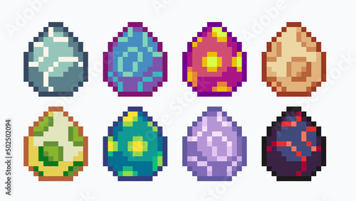 Fantasy monster eggs pixel art set. Magical, dragon or dinosaur egg collection. 8 bit sprite. Game development, mobile app.  Isolated vector illustration.