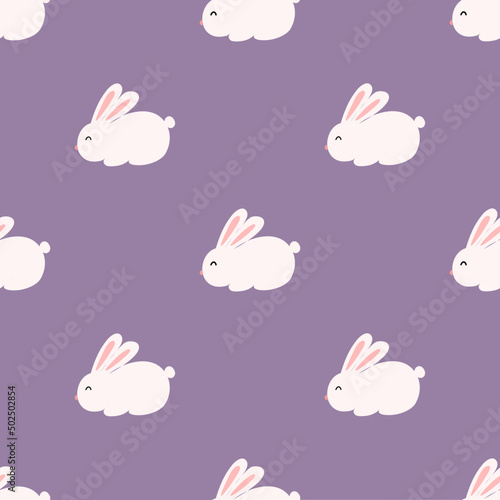 cute rabbits on purple background, seamless pattern for decoration.